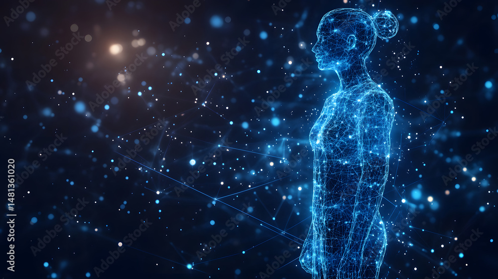 Aufkleber futuristic digital woman wireframe in profile, surrounded by a network of luminous dots and lines. e