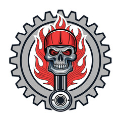 Surreal artwork depicting a skull shaped like a piston, positioned before a fiercely burning engine.  Focus on dramatic lighting and intricate detail.