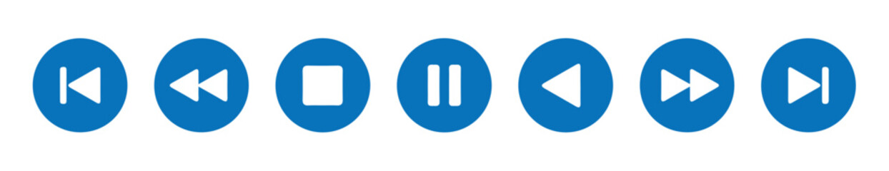 Media player flat icons set. Collection of multimedia symbols isolated on transparent background. Play, pause, stop, record, forward, rewind. Vector illustration eps 10.