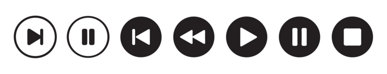 Media player flat icons set. Collection of multimedia symbols isolated on transparent background. Play, pause, stop, record, forward, rewind. Vector illustration eps 10.