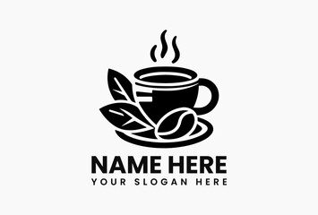 Stylized coffee cup logo with rising steam and coffee bean leaf decoration in monochrome vector art  