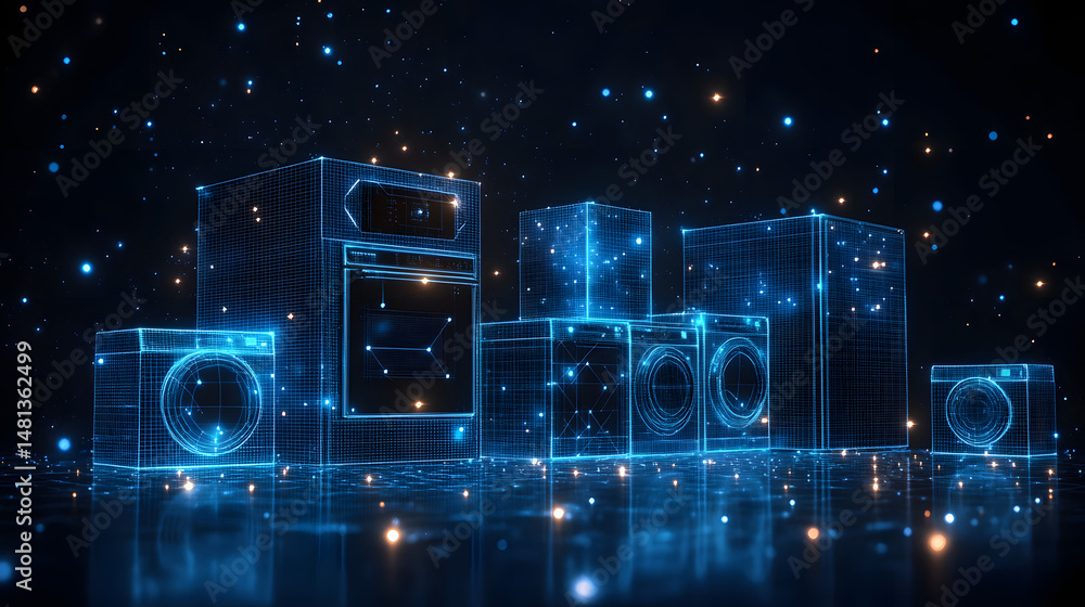 Poster futuristic home appliances display showcasing interconnected, glowing washing machines and ovens. re