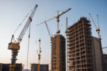 Fototapeta premium blurry building project, building construction using large cranes, showing the atmosphere of project work without any humans, with a blurry construction project background.