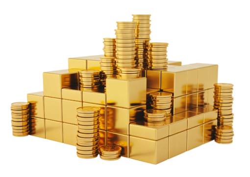 Golden Financial Growth Chart with Stacked Coins and Blocks
