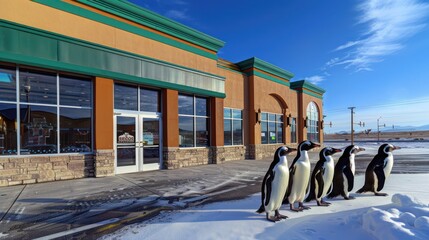 Modern store facade with penguins in the snow