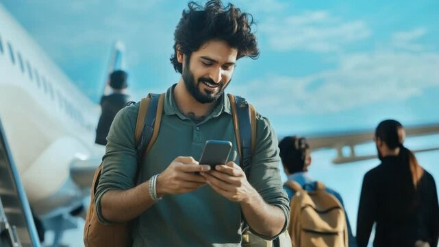 Exploring new adventures: A captivating individual, brimming with anticipation, stands at the precipice of a journey, immersed in the glow of a portable communication device while near a airplane.