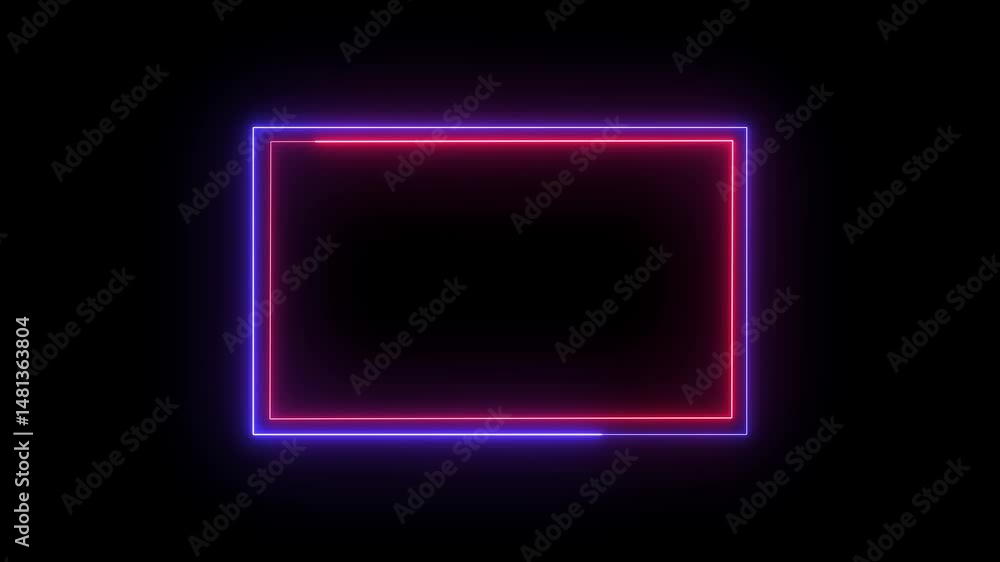 Poster glowing frame or border line, rectangular shape. animated neon square frame loop against black backg
