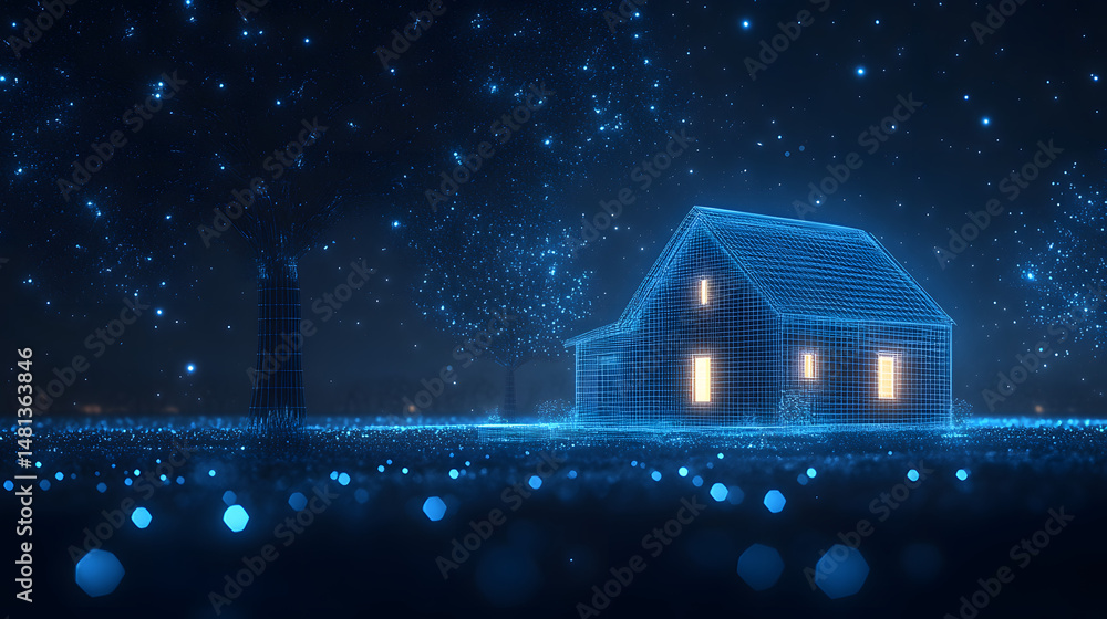 Fototapete Futuristic digital home with wireframe trees glows in a dark blue abstract landscape. Polygonal lights and starry sky create an ethereal scene. Abstract wireframe in dark blue.