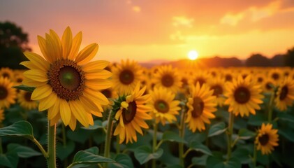 Obraz premium Golden hour light bathes tall sunflowers, vibrant sunset hues , sun rays, nature, rural