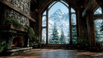 Cozy Chalet Fireplace  Mountain View  Winter Wonderland Interior