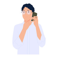 Smiling man talking on phone, contacting, discussing work, calling on telephone. Vector illustration isolated on white background
