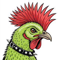 Create a vibrant illustration of a punk chicken sporting a vibrant mohawk, studded earrings, and a nose ring.  The style should be bold and cartoonish.