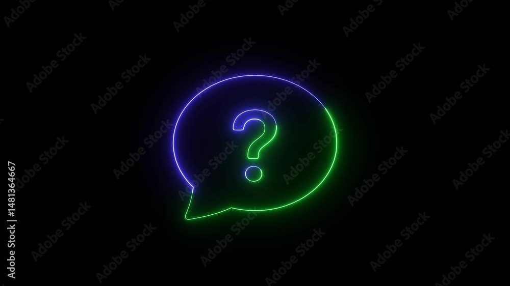 Poster animated neon question mark symbol in speech bubble on black background illustrating queries and unc