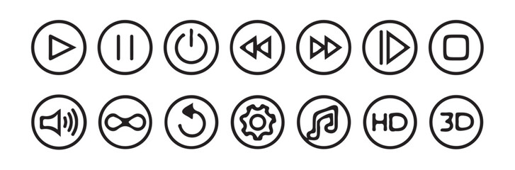 Media player button icons set.music, speaker volume, Stop, play, pause, rewind, fast forward icon. Music or video player control buttons. vector illustration eps 10.