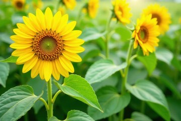 Obraz premium Vibrant yellow sunflowers, lush green leaves, isolated , macro, cheerful