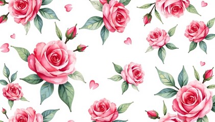 Naklejka premium Delicate watercolor roses & buds, repeating pattern , floral art, seamless