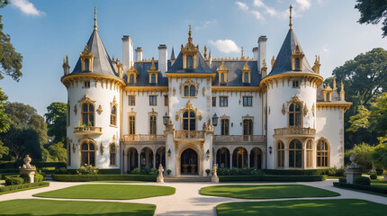 Fototapeta premium large white medieval villa castle style architecture european fantasy luxury exterior heritage estate panoramic photo old stone architecture wallpaper background