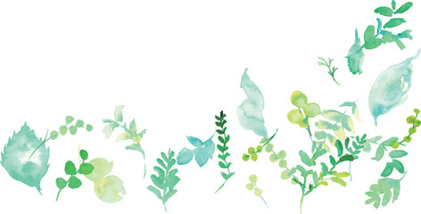 Obraz premium 水彩画。水彩タッチの草木のベクターイラスト。水彩画の緑の葉っぱ素材。環境。エコ。Watercolor painting. Vector illustration of grass and trees with watercolor touch. Watercolor green leaves material. Environment. Eco.