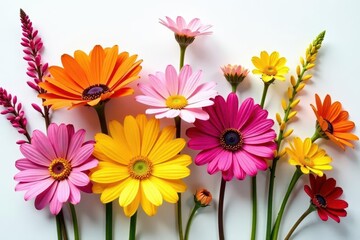 Crisp white backdrop, assorted dried flowers, vibrant colors , texture, leaves, white background