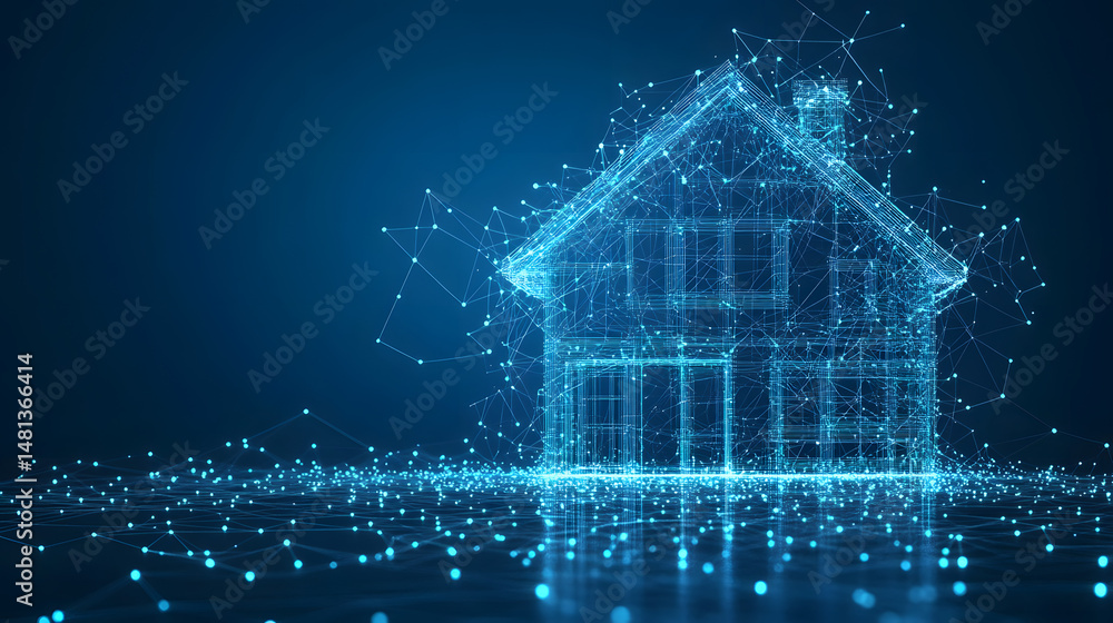 Leinwandbilder modern home represented by a vibrant blue wireframe structure. a complex digital network radiates ou