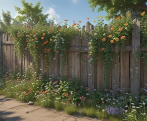 Obraz premium Overgrown wooden fence, climbing vines, wildflowers, rustic charm, overgrown, wood texture