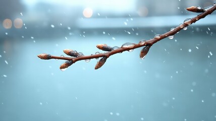 Closeup of Raindrops on a Delicate Tree Branch in Winter