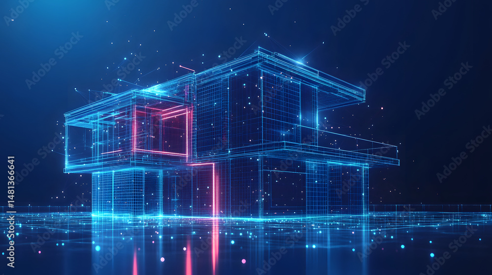 Fototapete Futuristic house rendering with blue and red wireframe. Luminous particles symbolize data networks, reflecting on polished floor. Modern design meets tech aesthetic. Abstract wireframe in dark blue