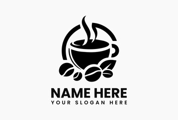 Black and white coffee cup vector logo with steam, beans and decorative leaves. Hot drink concept  