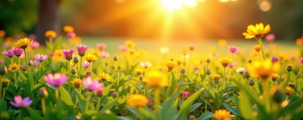 Fototapeta premium Sun-drenched meadow ablaze with pink & yellow blooms, landscape, spring landscape