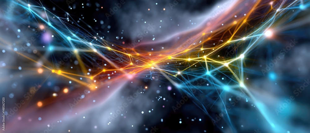 Poster colorful, abstract network lines intersect in a dynamic, energetic digital space with glowing nodes 