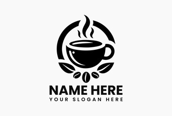 Black and white coffee cup vector logo with steam, beans and decorative leaves. Hot drink concept  