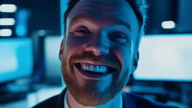 Radiant Glee in the Digital Realm: A charismatic professional with a warm smile, bathed in the cool, enigmatic glow of screens and digital interfaces, exudes confidence and expertise.