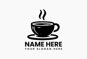 Black and white coffee cup vector logo with steam, beans and decorative leaves. Hot drink concept  