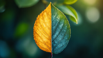 A tree's green leaf turns yellow and wilted in late summer, illustrating seasonal transition and photosynthesis effects