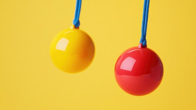 Two colorful balls hanging by strings
