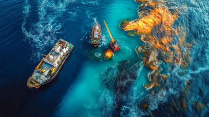 Aerial image of offshore vessels conducting an oil spill containment drill with floating booms