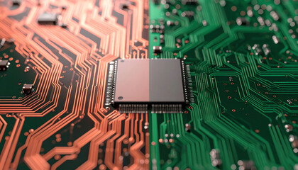 Close-up view of a circuit board featuring intricate pathways and a central microchip, highlighting technology and electronics