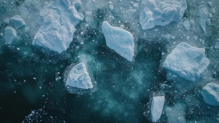 Fototapeta premium Aerial view of Greenlandâ€™s Ilulissat Icefjord, with floating icebergs and glacial formations in Arctic waters