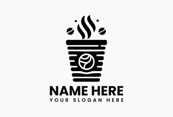 Minimalist black and white vector illustration of steaming coffee cup with beans and leaves. Beverage logo concept  