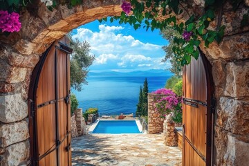 Plakat Ocean view from ancient archway, a tranquil paradise