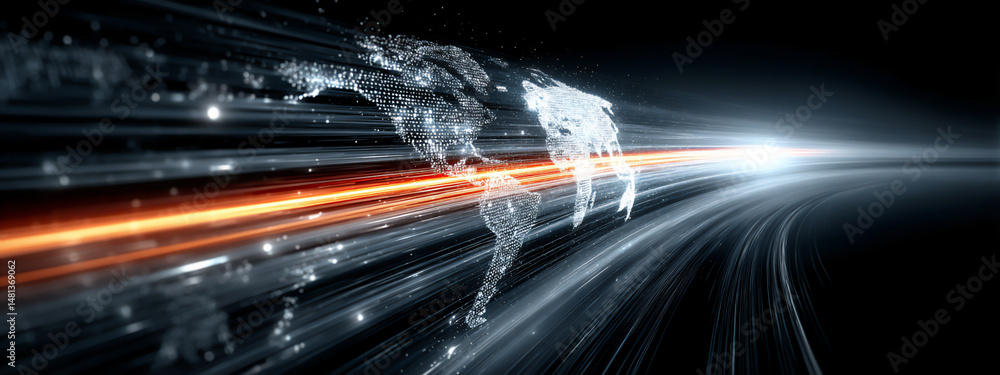 Poster abstract visualization with a blurred german flag and a world map in the background, interconnected 