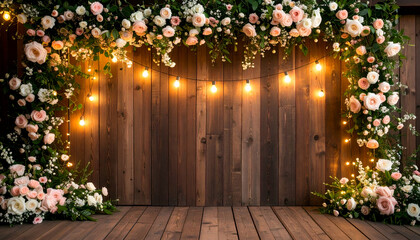 Fototapeta premium A rustic wedding backdrop with a wooden panel texture adorned with hanging fairy lights and clusters of blush pink and white roses. The warm and inviting composition has space for a logo in the middle