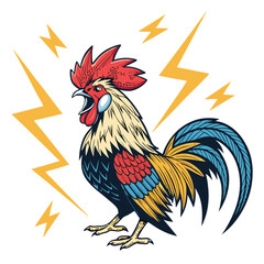 A vibrant, roaring rooster with glowing electric blue wings, dramatically posed within a brightly lit, stylized cage.