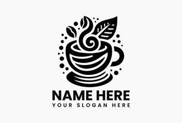Fototapeta premium Minimalist black and white vector illustration of steaming coffee cup with beans and leaves. Beverage logo concept 