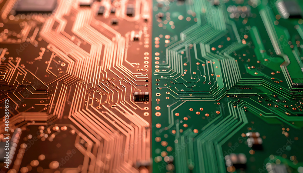 Poster close-up view of a circuit board showcasing intricate copper and green pathways, highlighting the co