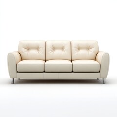 Cream Leather Sofa: Three-Seater Tufted Couch with Metal Legs, Modern Living Room Furniture, Light Neutral Tone, Product Photography