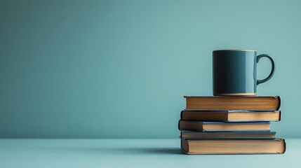 Stack of books with a mug on top, against a teal background