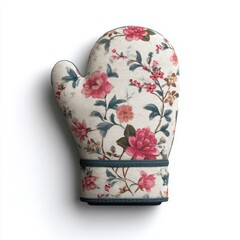 Floral Oven Mitt Isolated on White Background: Padded Kitchen Glove with Red Rose Pattern, Country Chic, Farmhouse Style Cooking Accessory