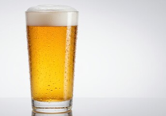 Close up of a glass of beer with condensation isolated on white background