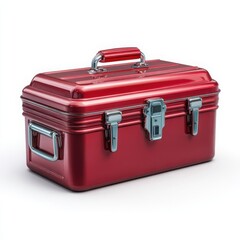 Shiny Red Metal Toolbox: Vintage Tool Storage Container for Workshop, Garage - White Background